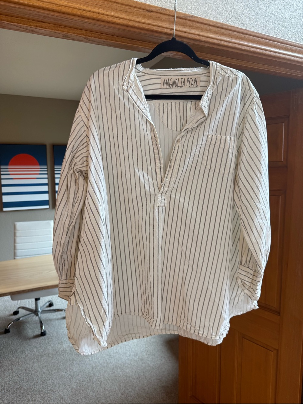 Magnolia Pearl women’s White Shirt with Black Pinstripes
